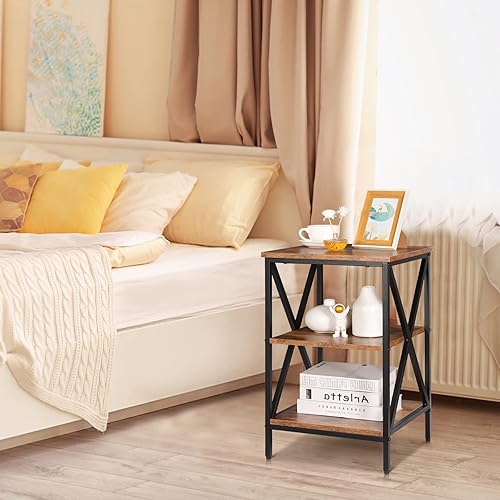 Miniatura 8 de Nouva Mesa auxiliar industrial de 3 niveles con estantes, mesa cuadrada resistente, mesa auxiliar para sofá, mesa auxiliar con diseño de X marco de