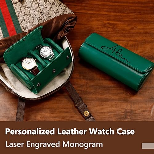 Miniatura 2 de Estuche Personalizado para Relojes para Hombres y Mujeres, Estuche de Cuero PU Personalizado para Viajes Enrollable para Papá, Nombre Grabado