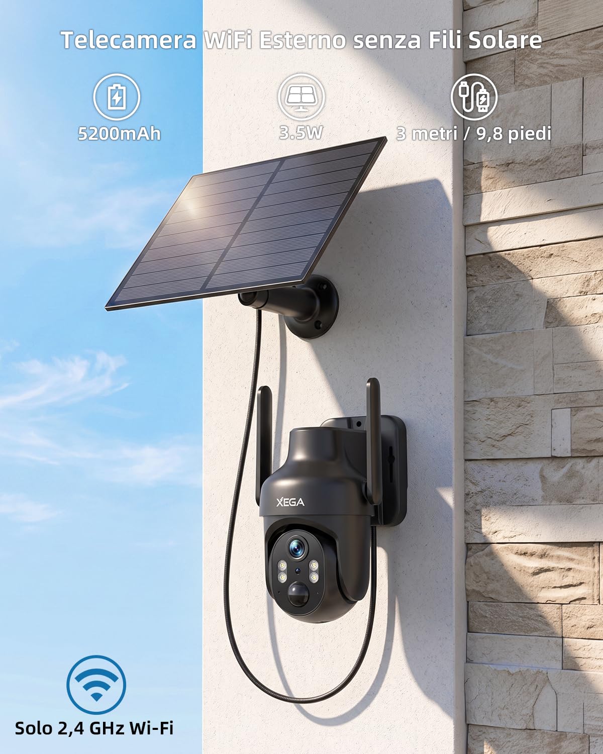 Xega Wi-Fi Telecamera Solare Esterno Senza Fili, HD PTZ Telecamere Solare | 5200mAh Batterie,Visione Notturna a Colori,Rilevamento Umano PIR,Audio a 2 Vie,IP66,TF/Cloud,2,4GHz