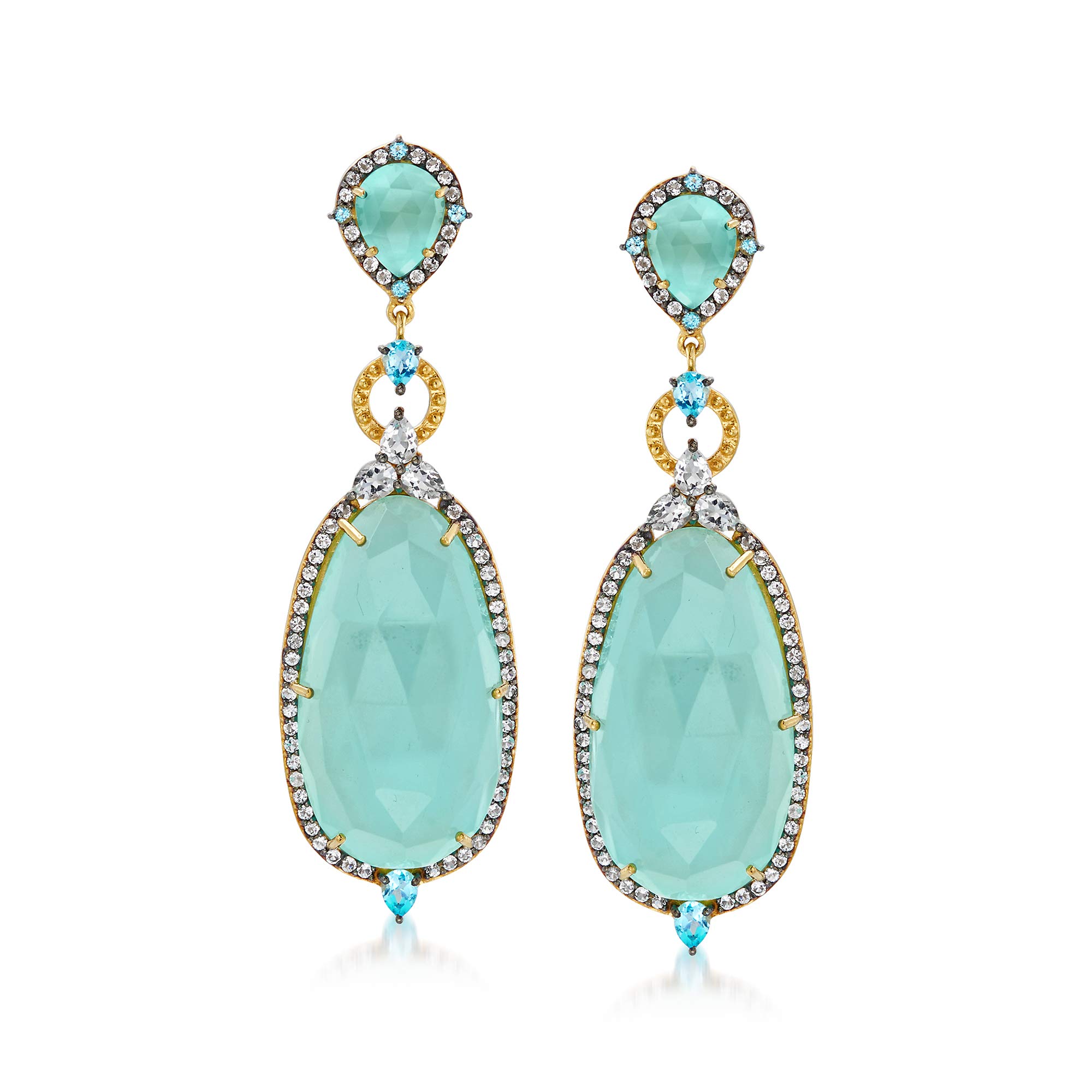 Ross-Simons Aqua Chalcedony and 2 60 ct t w Blue and White Topaz Drop Earrings in 18kt Gold