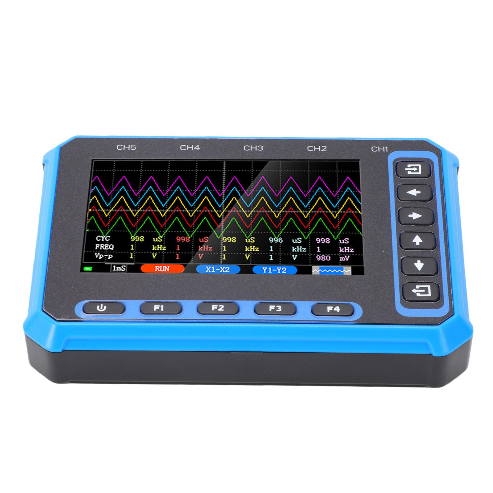 Osciloscopio de 5 Canales, Osciloscopio Digital Portátil con 5 Sondas 10X, Ancho de Banda de 1 MHz, Frecuencia de Muestreo de 3 MHz, Pantalla de 4,3 Pulgadas, para Software de PC y