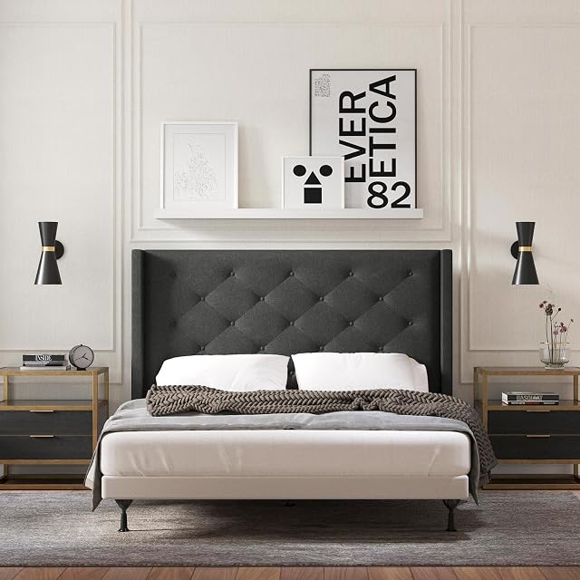 Glenwillow Home Huppe Button Tufted MCM Wingback Upholstered Headboard, Gray, Full/Queen