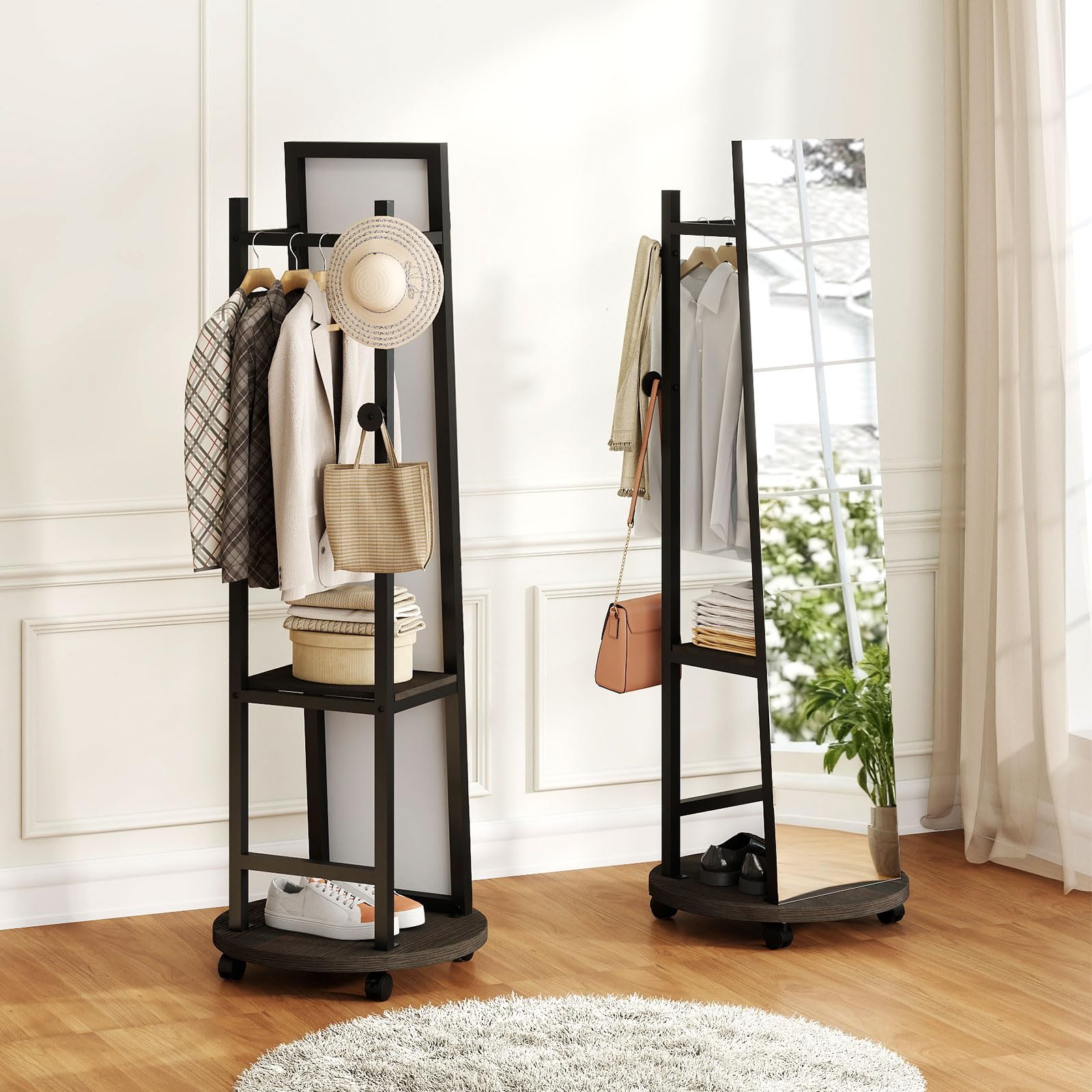 GIANTEX Specchio a figura intera, specchio da terra con appendiabiti, 45 x 135 cm, grande specchio con vetro infrangibile, ganci, ripiani, ruote, per ingresso, soggiorno, camera da letto (nero+noce)