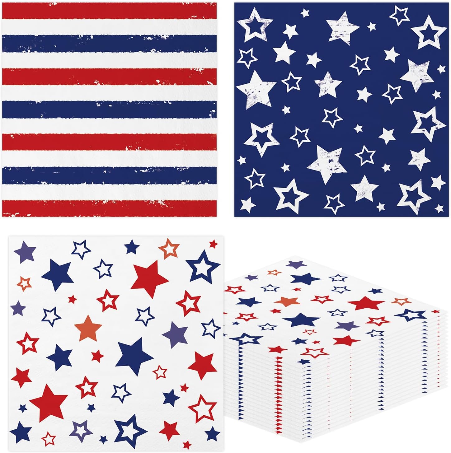 50 pcs 4th of July Paper Napkins, Patriotic Beverage Napkins,Red Blue White Stars Stripes Decorative Luncheon Dinner Napkins for Independence Day & Memorial Day Party Supplies，6.5"*6.5"