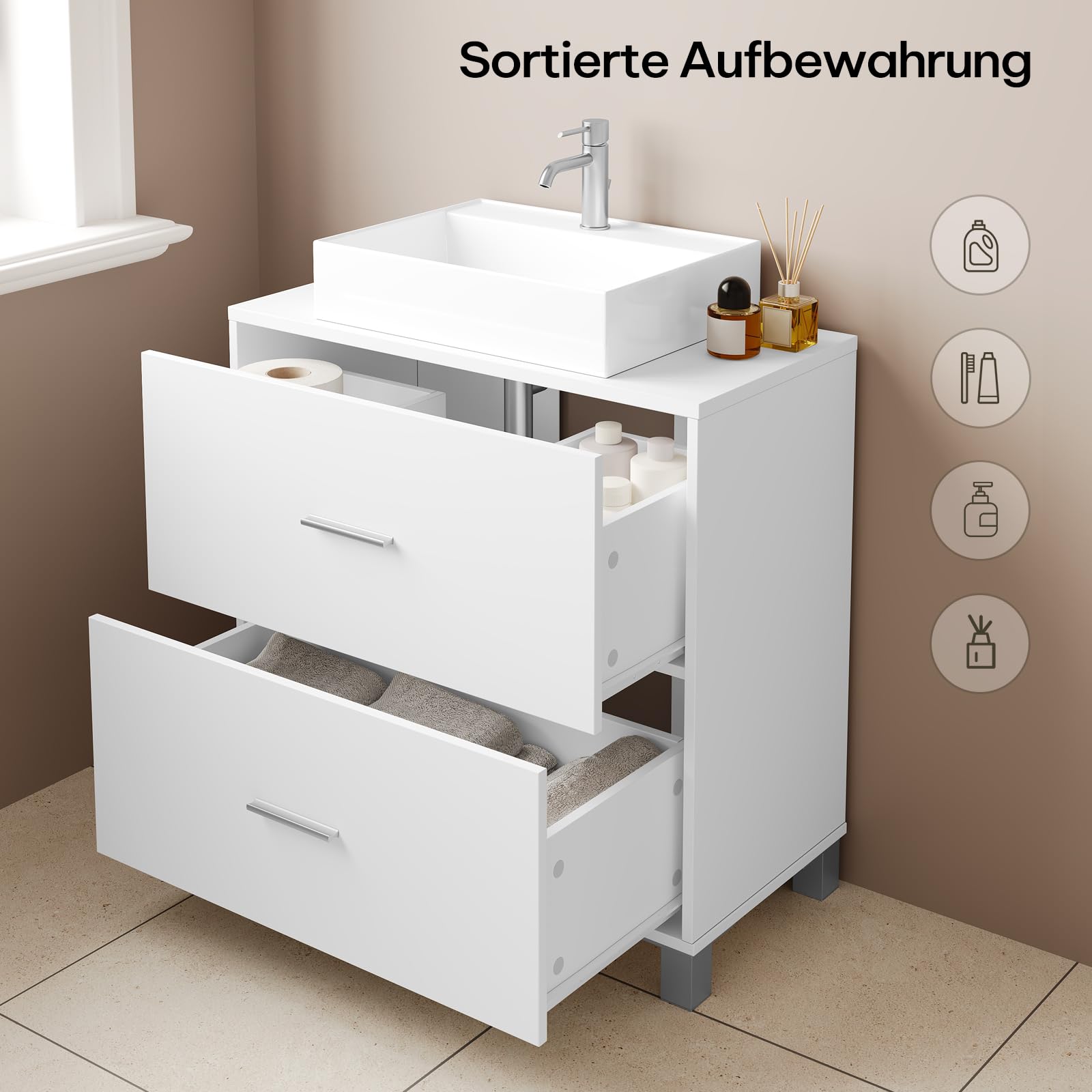 eSituro Waschbeckenunterschrank, Badezimmerschrank mit 2 Schubladen, Badezimmer Unterschrank Waschbecken, Waschtischunterschrank freistehend, Badunterschrank, 60x60x30 cm, Weiß