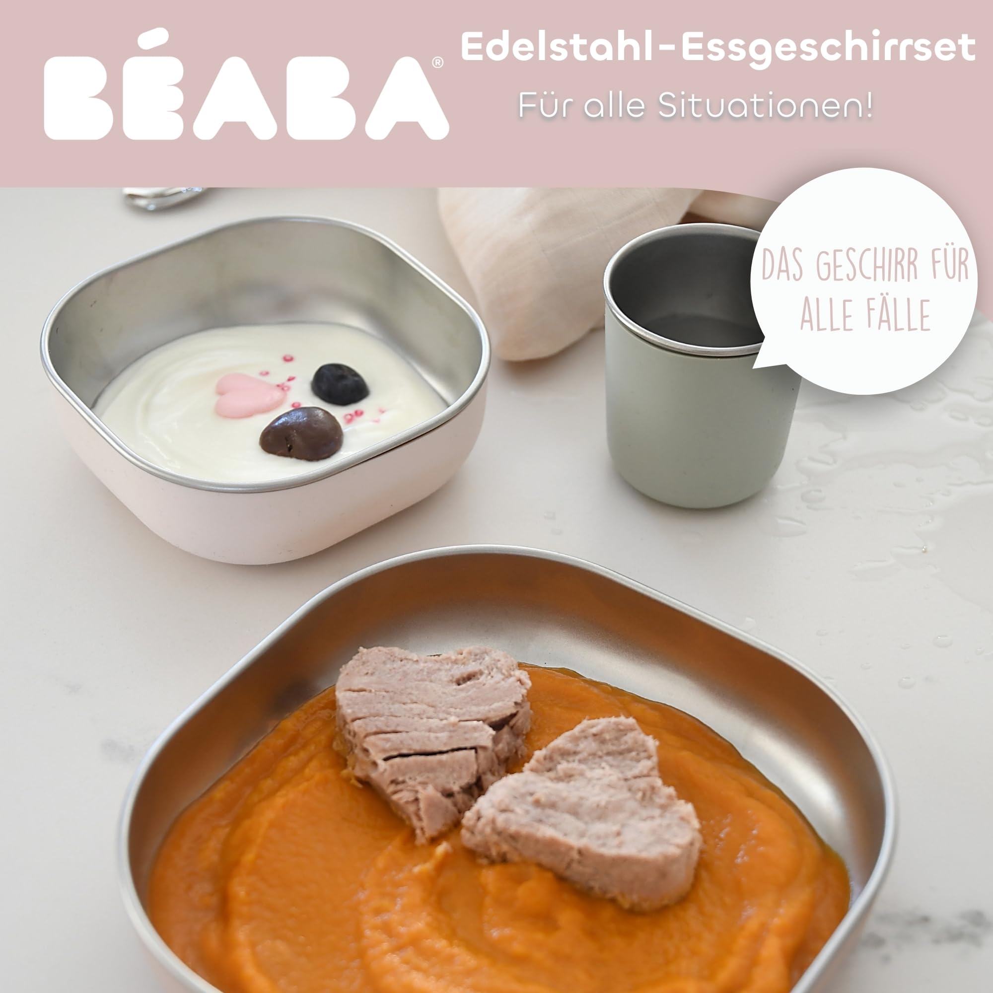 BÉABA Baby-Essensset Edelstahl 3-teilig – Glas + 2 Teller mit Silikonhülle, Mikrowellen- & Spülmaschinengeeignet, Leicht, Bruchsicher & Rutschfest – Farbe Barbapapa