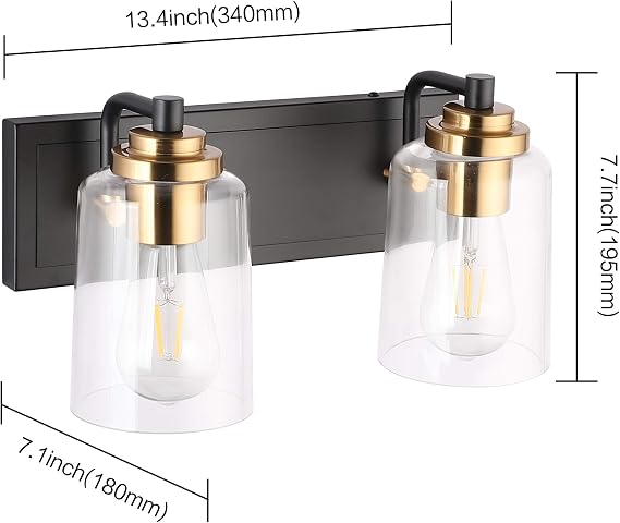 SOLFART 20.1 Inch Black Vintage Bathroom Vanity Light Fixtures Fixtures with Modern Glass Globe Shade Metal Brass Wall Lamp 2 Lights