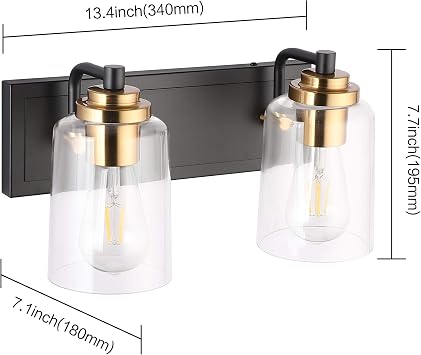 SOLFART 20.1 Inch Black Vintage Bathroom Vanity Light Fixtures Fixtures with Modern Glass Globe Shade Metal Brass Wall Lamp 2 Lights
