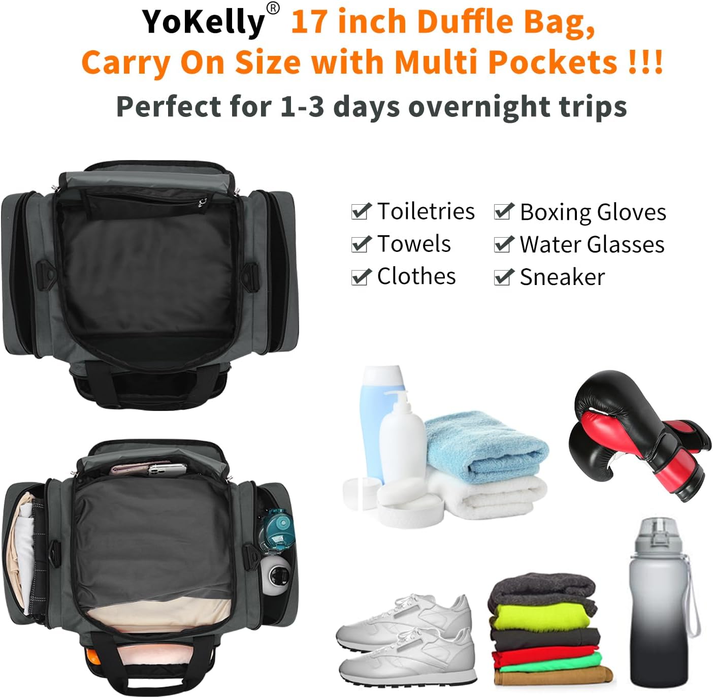 Small Gym Duffle Bag - 17 inch Carry On Weekender Bag for Travel Sport (17x10x9 in) - Dark Grey - Image 3