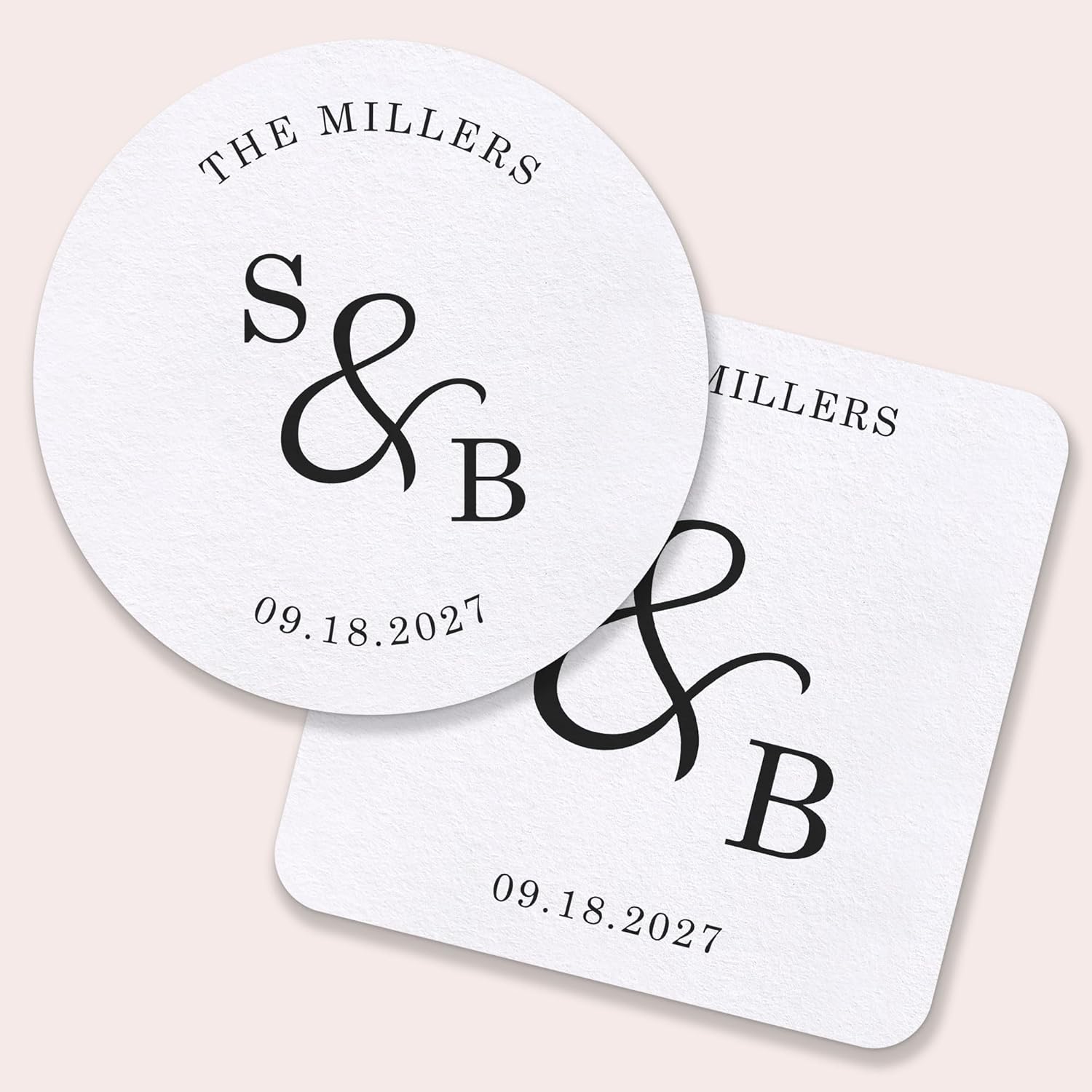 Big Dot of Happiness Personalized Simple Script Black & White Drink Coasters, 4-Inch Disposable Round Paper Coasters for Wedding Anniversary Party, Funny Cocktail Table Decor for Bar Drinks - 100 Ct