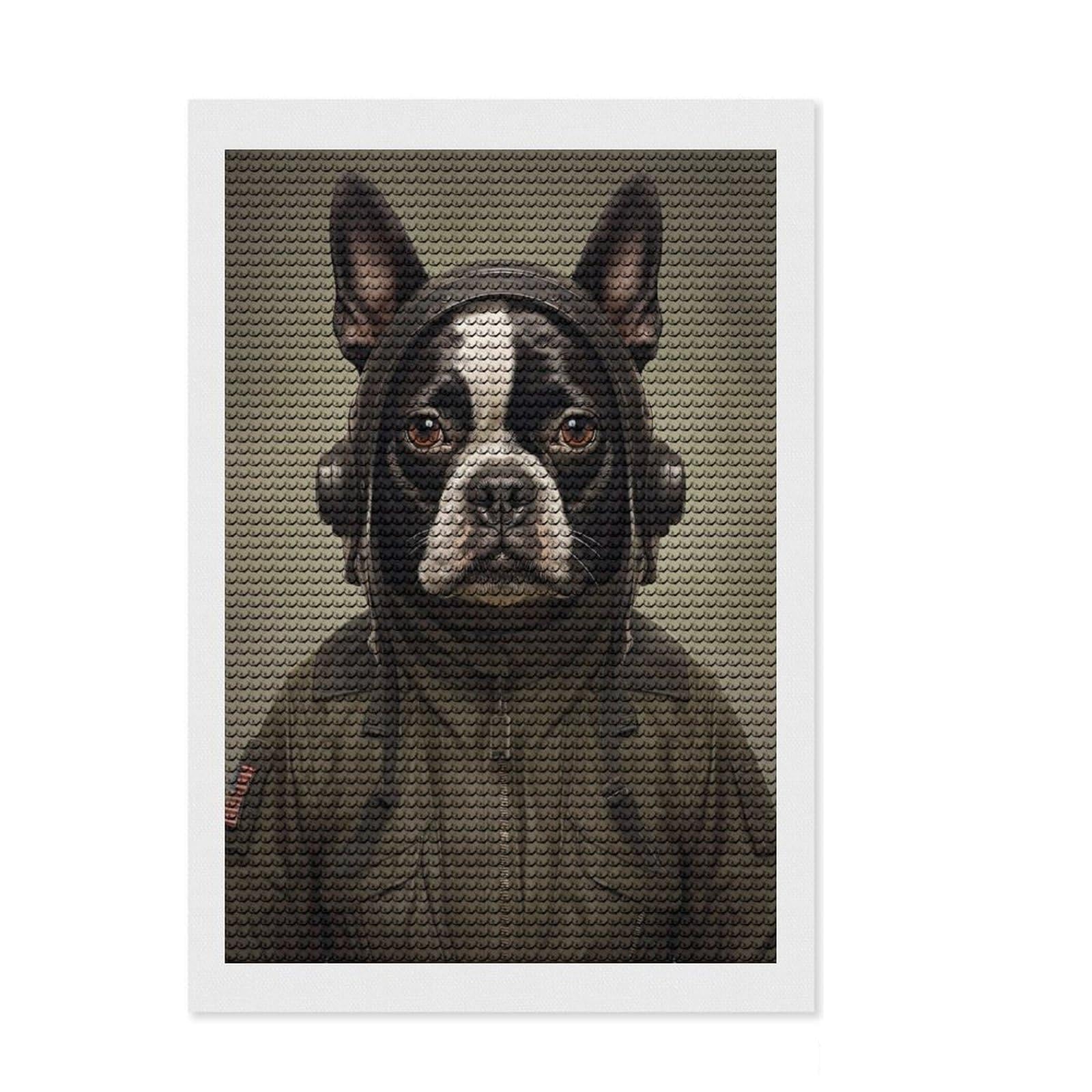 Junmoney Boston Terrier Soldier Diamond Painting Canvas Set 8"x12", Living Room Decor, for Adults, Stress Relief Craft, Festive Craft Gift