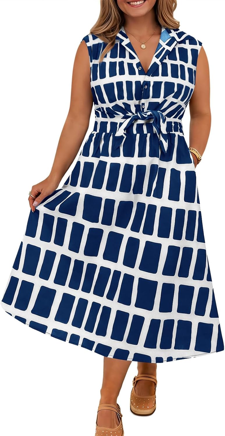 Beautife Plus Size Dresses for Curvy Women Boho Printed V Neck Sleeveless A Line Flowy Cocktail Midi Dresses with Pocket