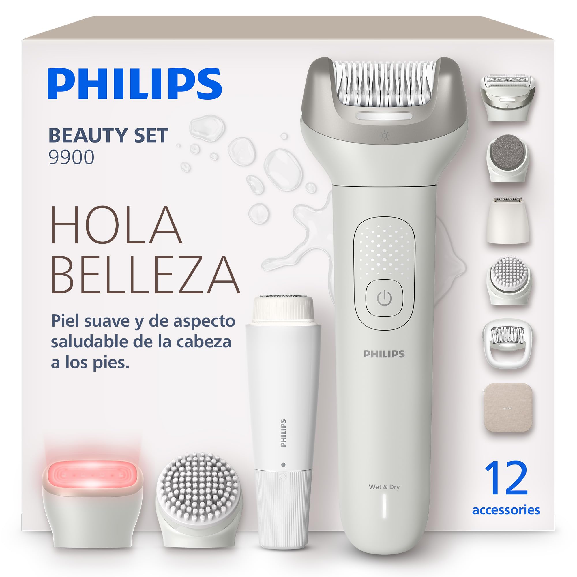 Philips Set de belleza – Set todo en uno para cuerpo, cara, zona del bikini y pies; uso inalámbrico en seco o mojado, para depilación y cuidado de la piel, con 12 accesorios, modelo BRE749/00