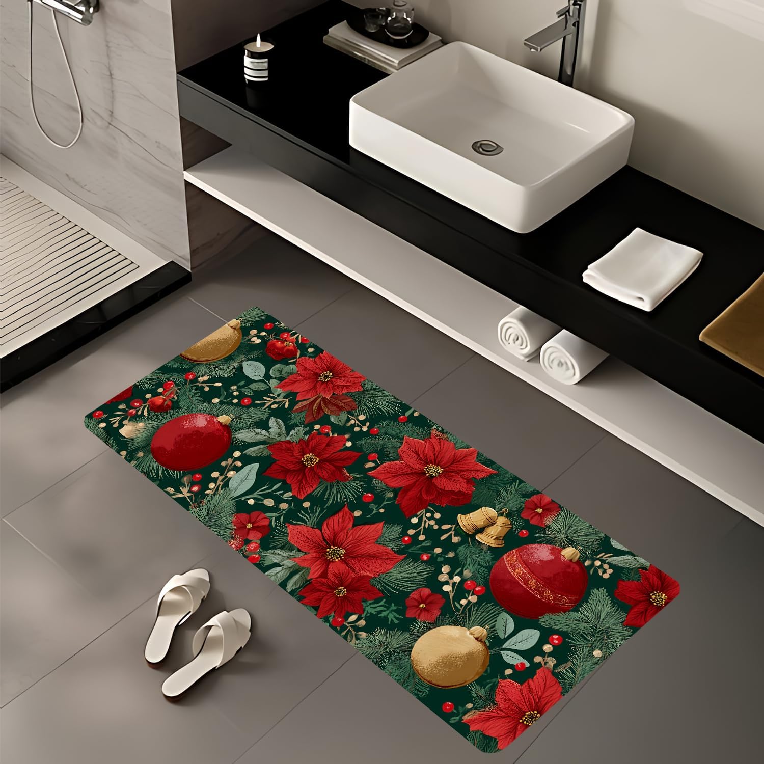 ANNA QUEEN Poinsettia Christmas Rug 20x47 Inch – Non-Slip Holiday Runner Mat for Laundry Room, Kitchen, Christmas Decor