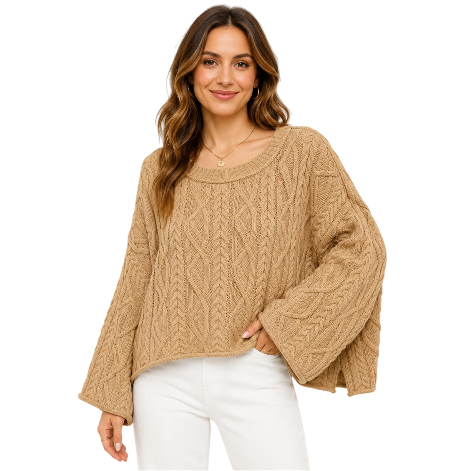 Maglione da donna a trecce girocollo oversize a maniche lunghe pullover
