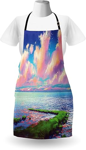 Miniatura 2 de Delantal Lunarable Paisaje, Sea After Mossy Rock Path Under Colorful Sky With Clouds Sunset, Unisex Kitchen Bib Delantal con Cuello Ajustable para