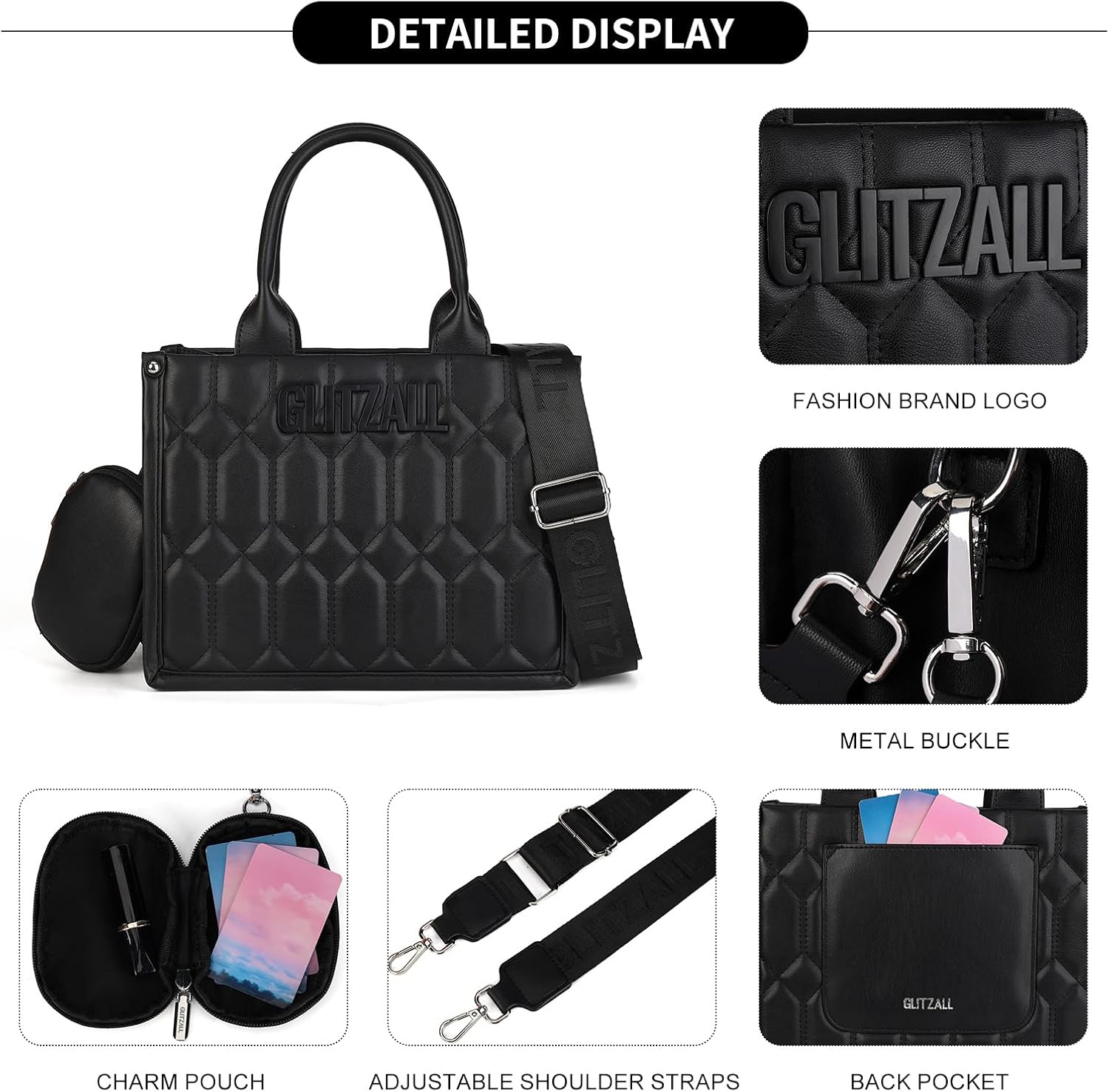 Quilted Satchel Purse for Women, Top Handle Crossbody Bag with Wide Strap, Medium Handbag with Detachable Pouch