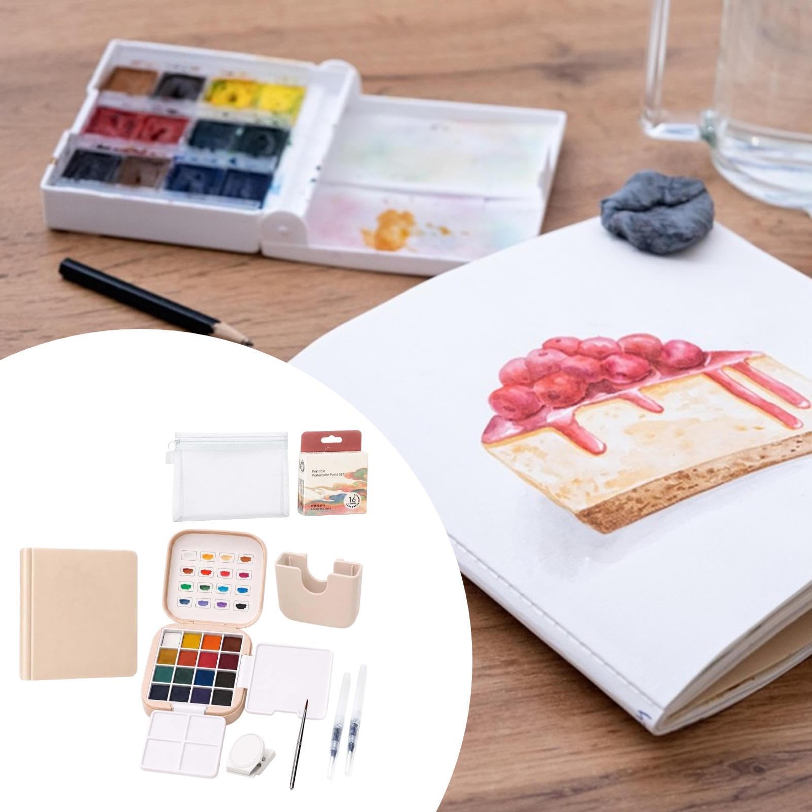 Aquarellfarben-Set, Detailpinsel, Palette, Künstlerbedarf mit Pinsel, Aquarell-Skizzenbuch für Künstler, und Malbegeisterte, Rosa