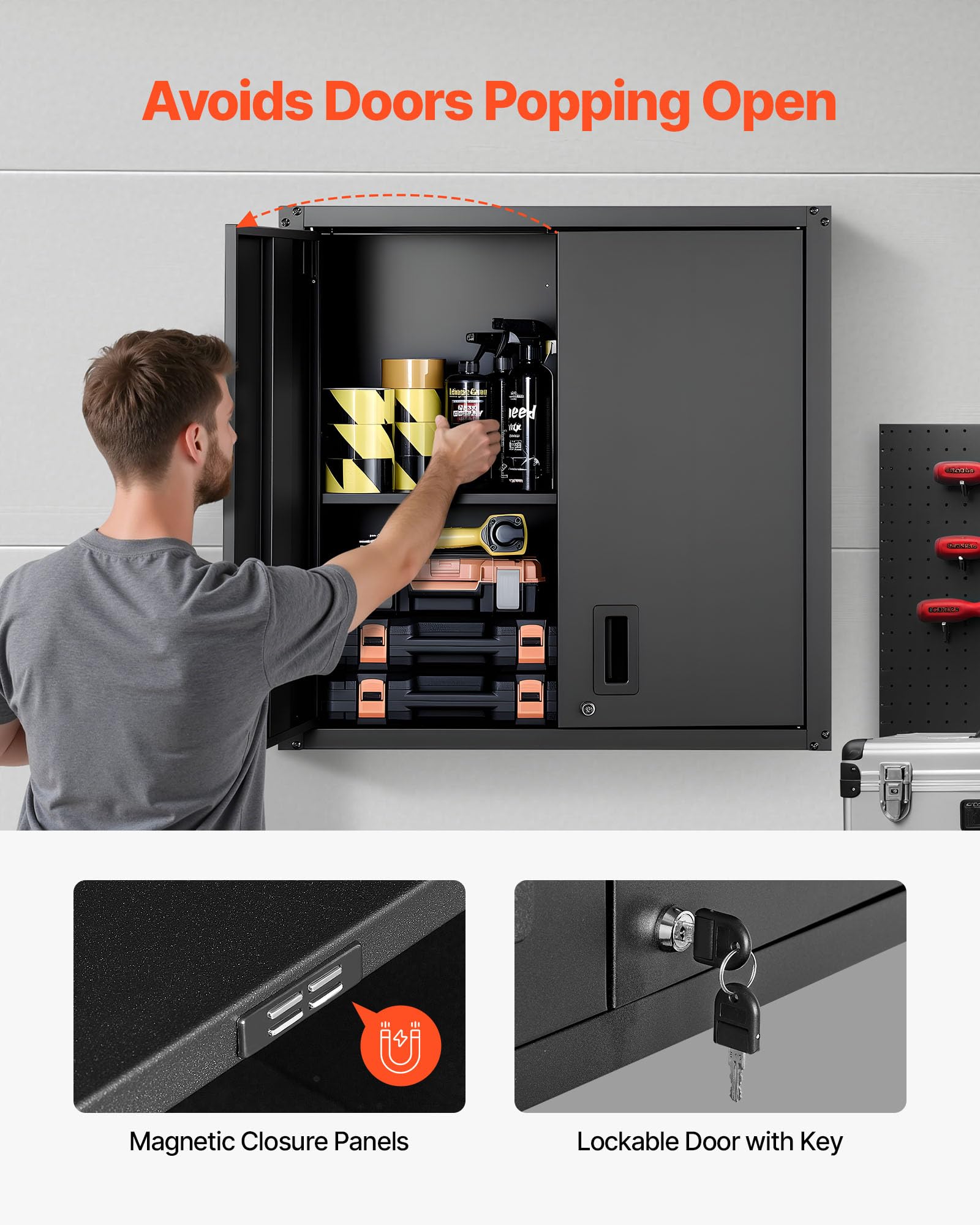 VEVOR Armario de Pared para Taller, 762 x 310 x 762 mm, Armario de Herramientas de Metal Colgante de Pared, con Puerta con Cerradura, Capacidad de 108,86 kg, para Garaje, Sótano y Almacén, Negro