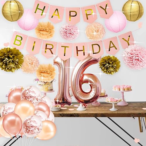 Miniatura 3 de Decoraciones de fiesta de cumpleaños de 16 años para niñasoro rosaoro rosa, globos de confeti de oro rosa con 16 globos para fiesta de cumpleaños de