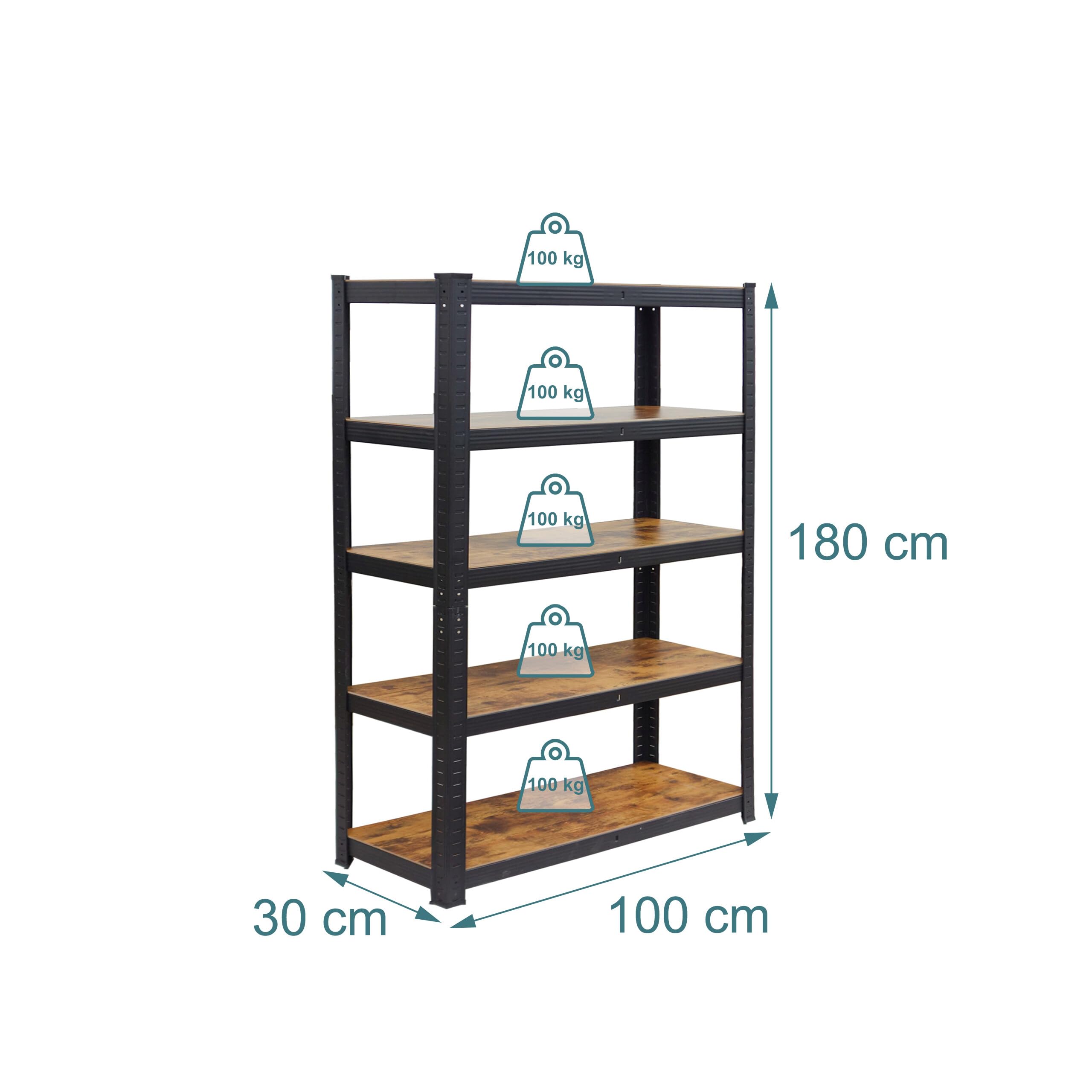 Relaxdays Estantería para Cargas Pesadas, 500 kg, 5 Niveles, Madera, Acero y MDF, 180 x 100 x 30 cm, Negro/marrón