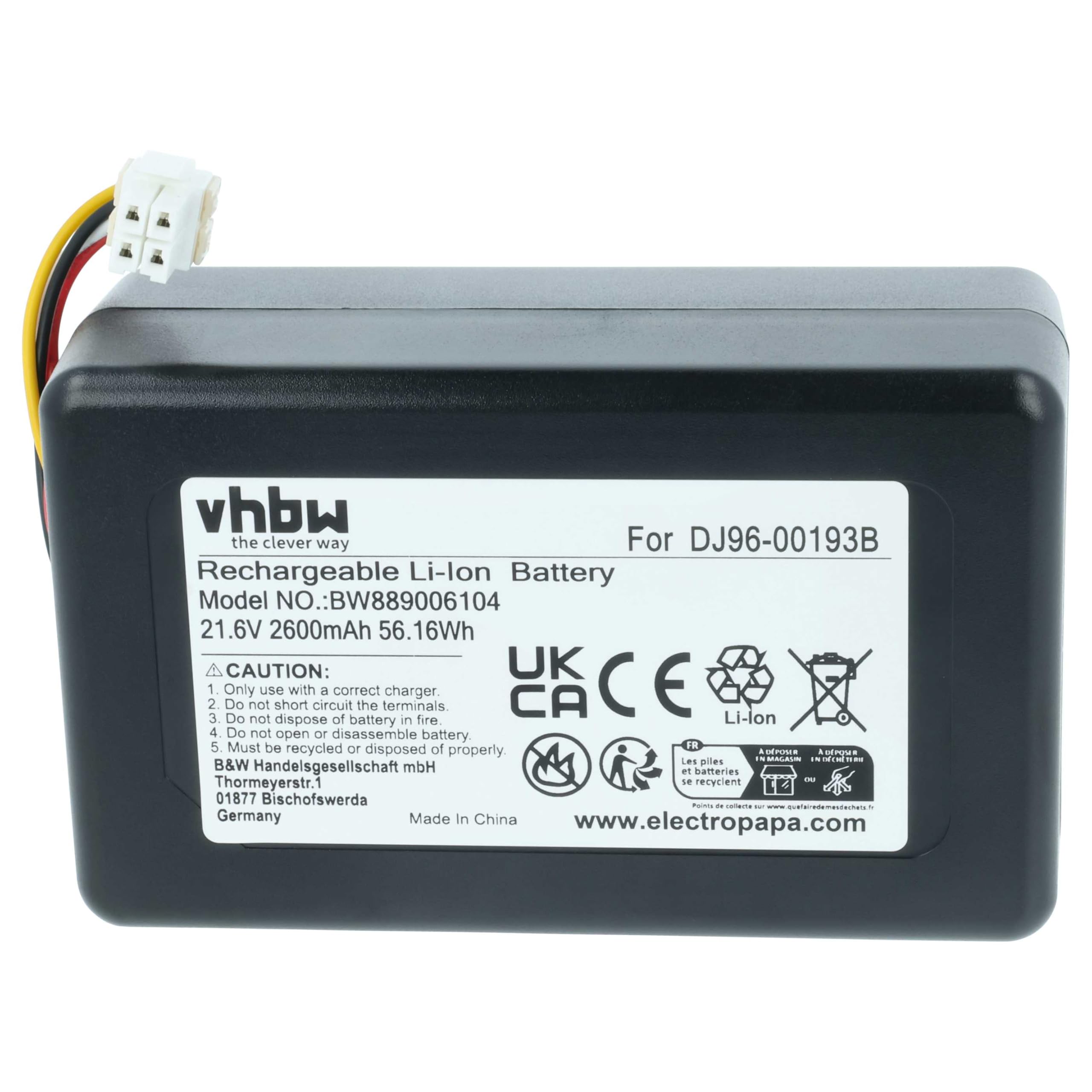 vhbw Akumulator kompatybilny z robotem odkurzającym Samsung Powerbot VR20J9250UC/EN, VR20J9250UK/SA, VR1AM7040WG/AA (2,6 Ah, 21,6 V, litowo-jonowy)
