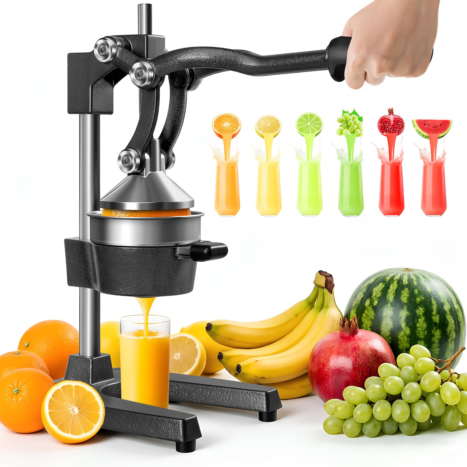 Cast Iron Juicer, Manual Juicer Commercial Citrus Juicer, Hand Press Manual Fruit Juicer, Orange Lime Squeezer Heavy Duty Fruit Press for Pomegranate/Watermelon/Orange/Lemon/Lime (Dark Black)