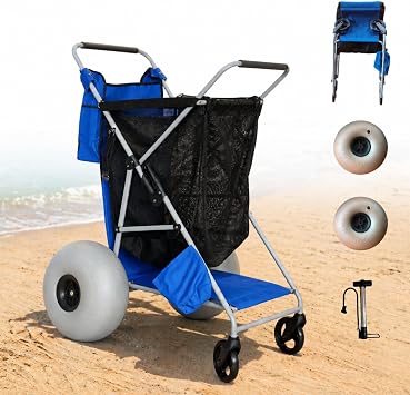 Upgraded Beach Cart 16" Big Balloon Wheels for Soft Sand, Reinforced Metal Bottom for Coolers & Heavy Loads, Push Like a Stroller