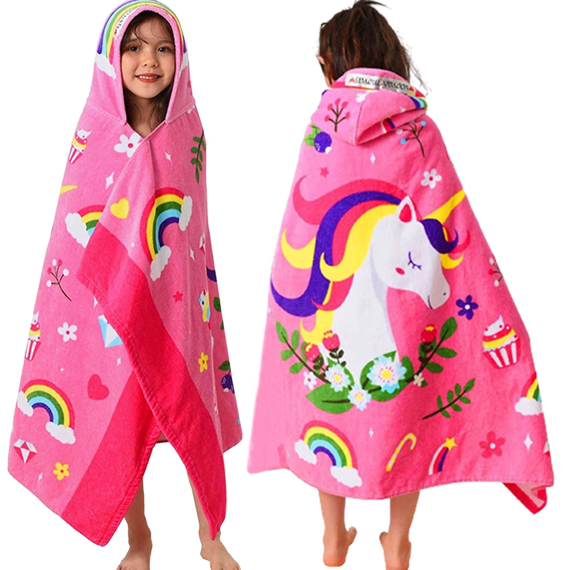 VOOVA & MOVAS Toallas con capucha para niños de 3 a 10 años, algodón suave y grueso, absorbentes, para playa, baño, piscina, natación, cubierta para niñas, unicornio floral rosa