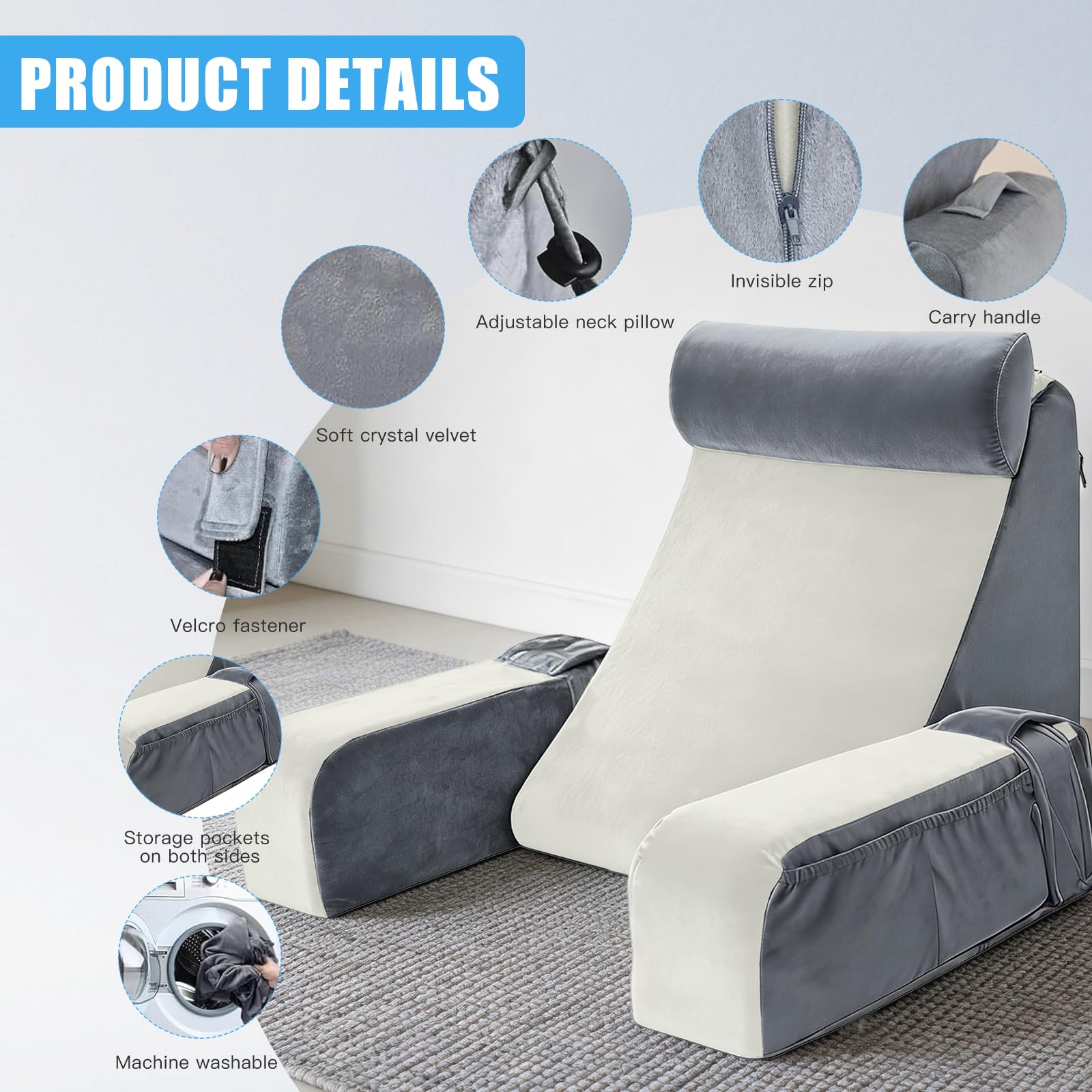 Lesekissen für Bett und Sofa, Rückenkissen Bett mit Abnehmbarer Nackenrolle & Armlehne, Lesekissen mit Rückenlehne, Kissenrückenlehne, Wandkissen Multifunktions-Keilkissen zum Lesen (Grau+weiß)