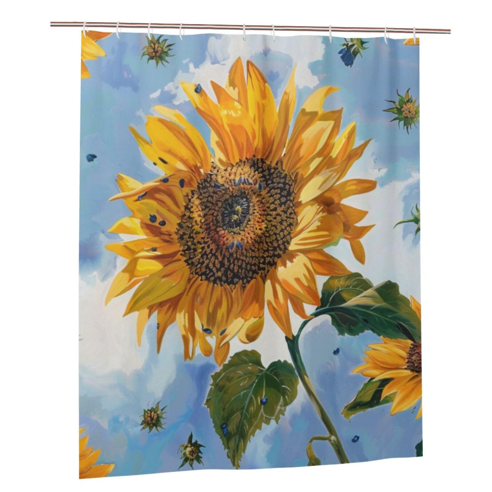 BWWHCCTI Sunflowers Printed Shower Curtain With 12 Plastic Hooks Opaque Quick Drying Waterproof Shower Curtains Sets For Bathroom 152x183 Cm