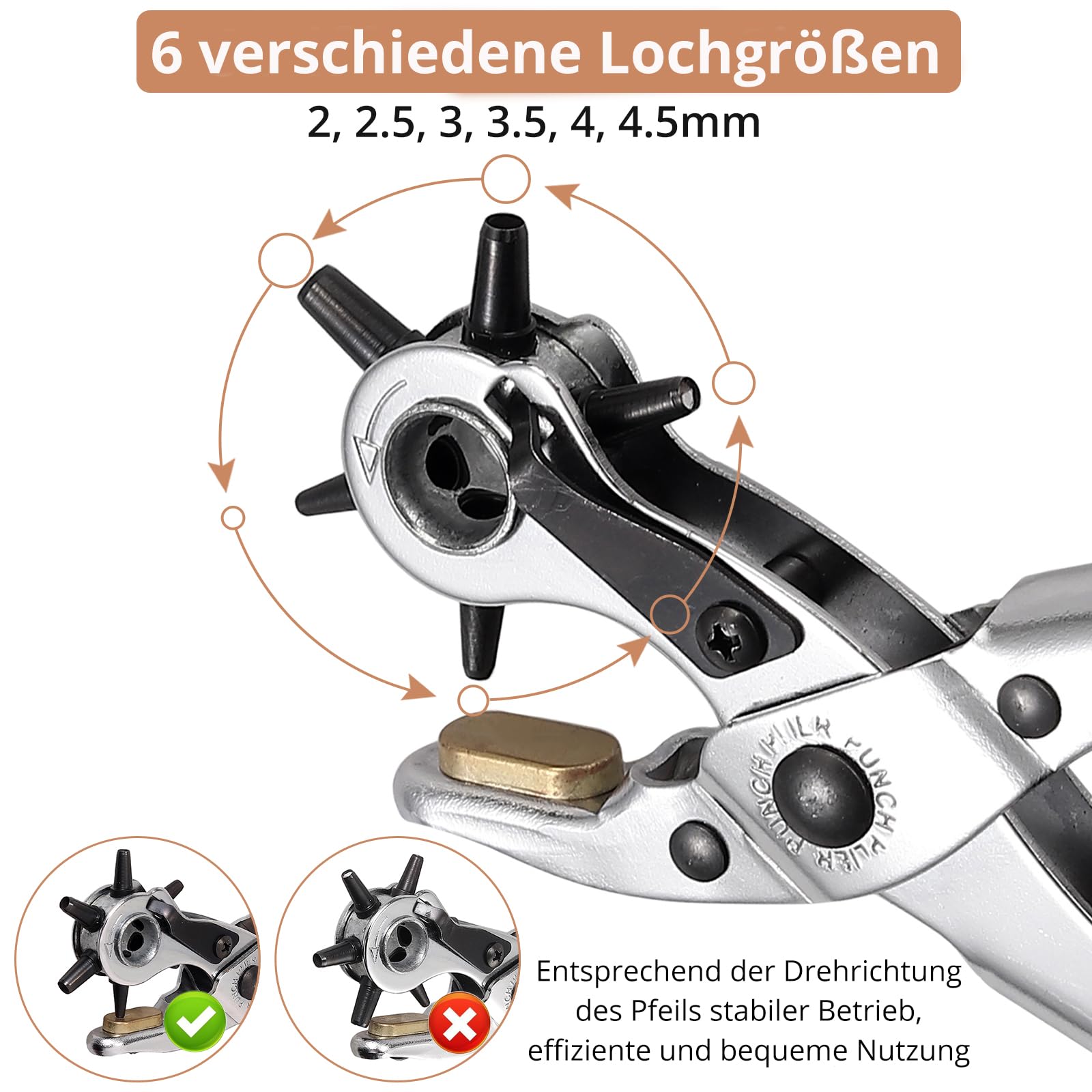 Gürtel-Lochzange Edelstahl | 8.2 Zoll Stanzer | Für Leder, Stoff & Kunststoff