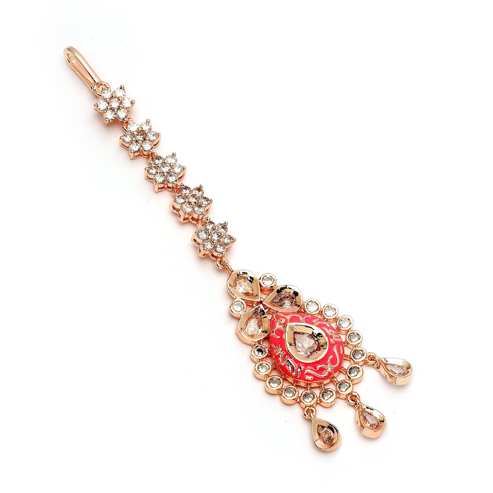 Rose Gold Plated Rose Gold Toned American Diamond Studed Tear Drop Mangtikka For Women & Gifts For Girls-image-36