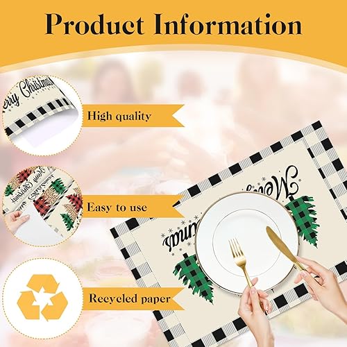 Miniatura 4 de 50 manteles individuales de papel con diseño de árboles de Navidad, desechables, duraderos, acuarela, búfalo, a cuadros, ideales para fiestas,