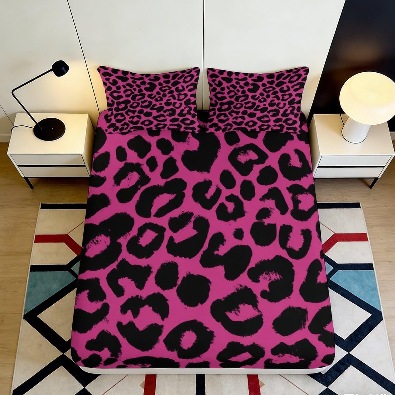 Decor leopard pattern Fitted Sheet, 3D Printed, soft touch Microfiber, pink black Bed Cover, wrinkle resistant, apartment bedding 90x200x25cm