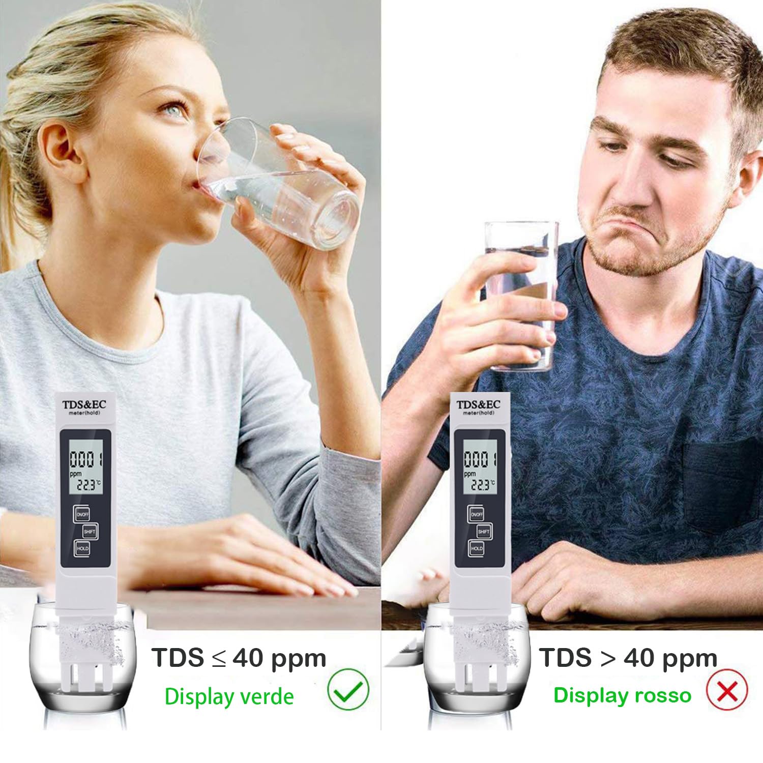 Tester digitale LCD per la qualità dell'acqua Misuratore TDS EC e Temperatura 3 in 1, Precisione di Lettura +/- 2%, 0-9990 PPM set, per Acqua Potabile/Piscina/Acquario/Piscina