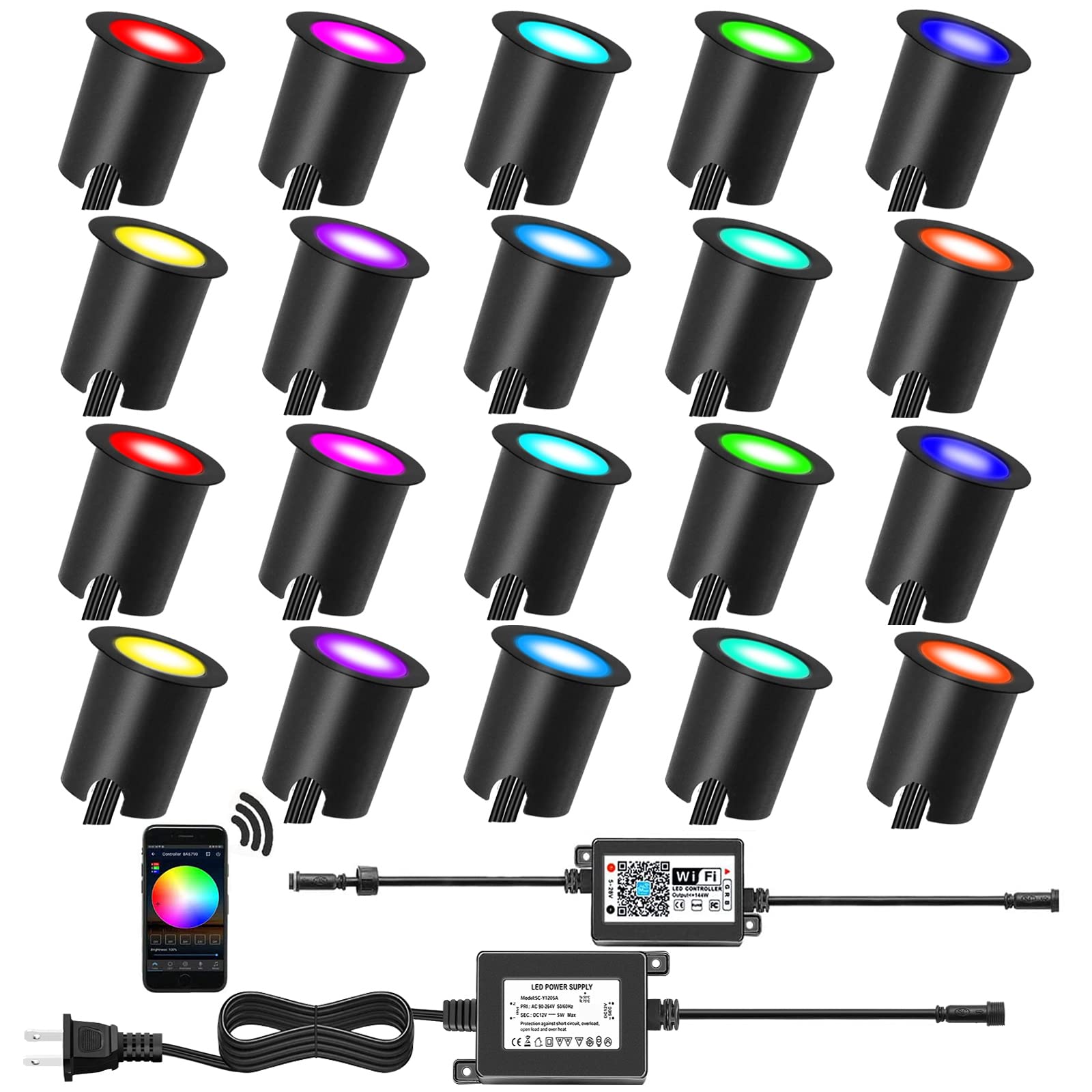 Smart LED Deck Lights Kit WiFi Controlled Color Changeable,Φ1.38“Outdoor IP67 Waterproof Low Voltage Step Lights with Protecting Shell,Works with Samrt Phone,Alexa,Google Home(20 Pack,WiFi) RGB-WIFI 20pcs(Black border+embedded parts)