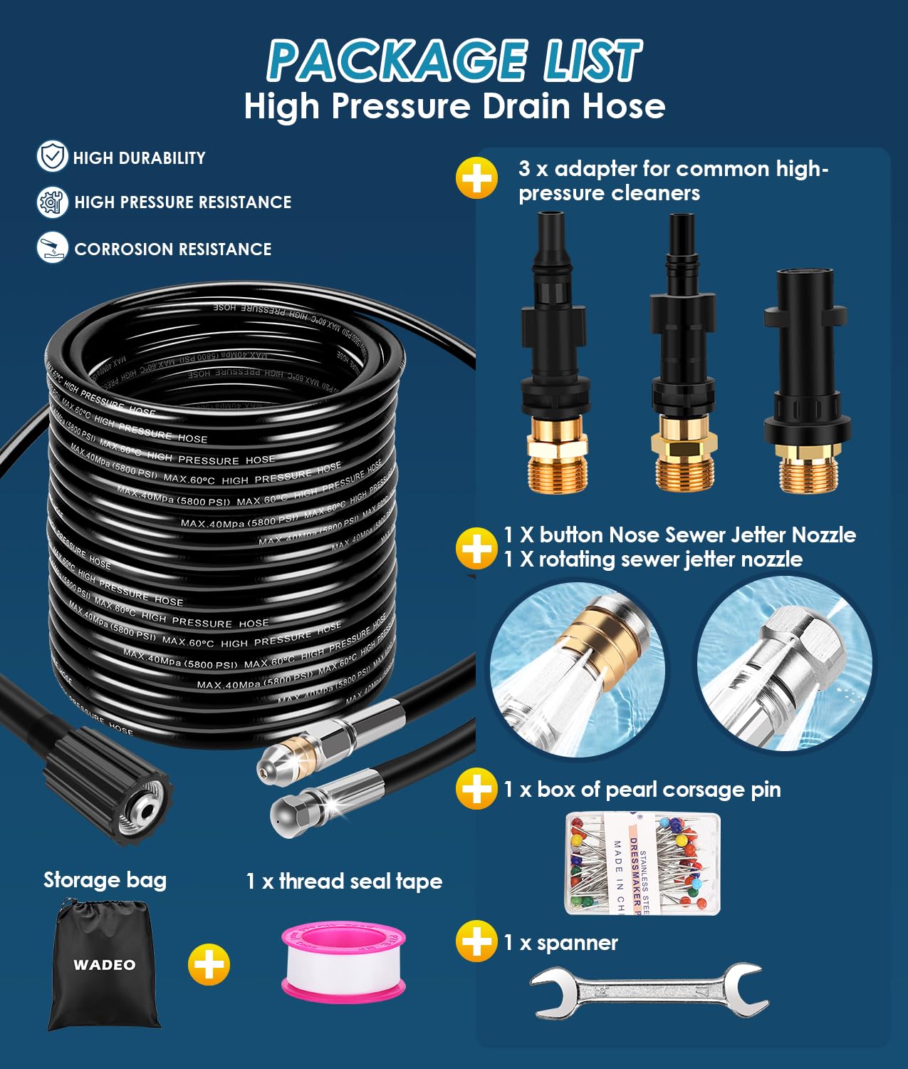WADEO Sonda Sturatubi per Idropulitrice 30M, Tubo per Idropulitrice con Ugello Rotante e 3 Adattatori, Kit Pulizia Scarichi Compatibile Karcher K2-K7, LAVOR, Bosch
