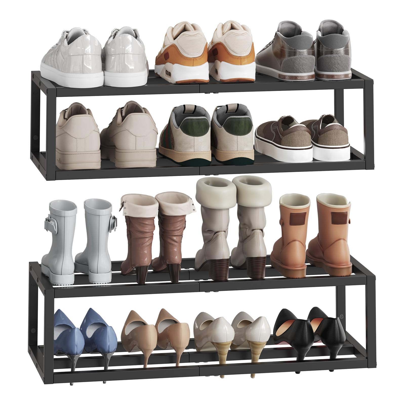 HOOBRO Wall-Mounted Shoe Rack, 2 Pack Hanging Metal Shoe Shelf, Space-Saving Shoe Storage Organizer, Holds 12-16 Pairs, Shoe Holder for Entryway,