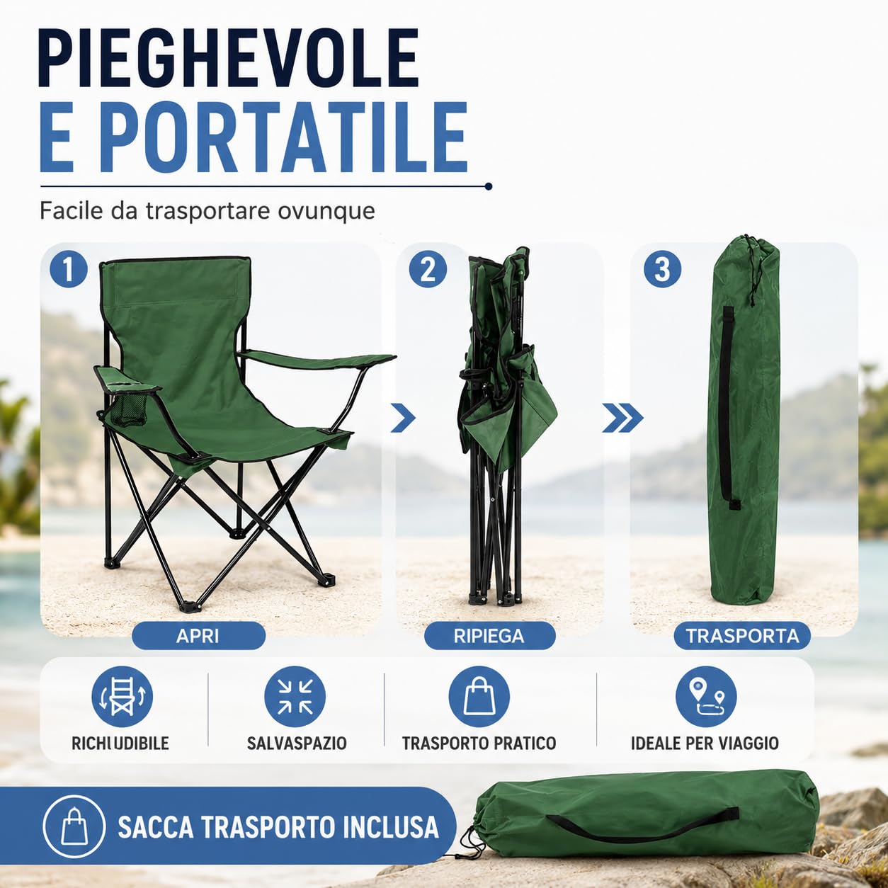 IlGruppone Sedia Camping Pieghevole in Acciaio con Porta Bevande – Sedia da Campeggio Portatile Impermeabile e Antiruggine con Sacca Trasporto – Ideale per Mare, Spiaggia, Pesca e Outdoor (Blu)