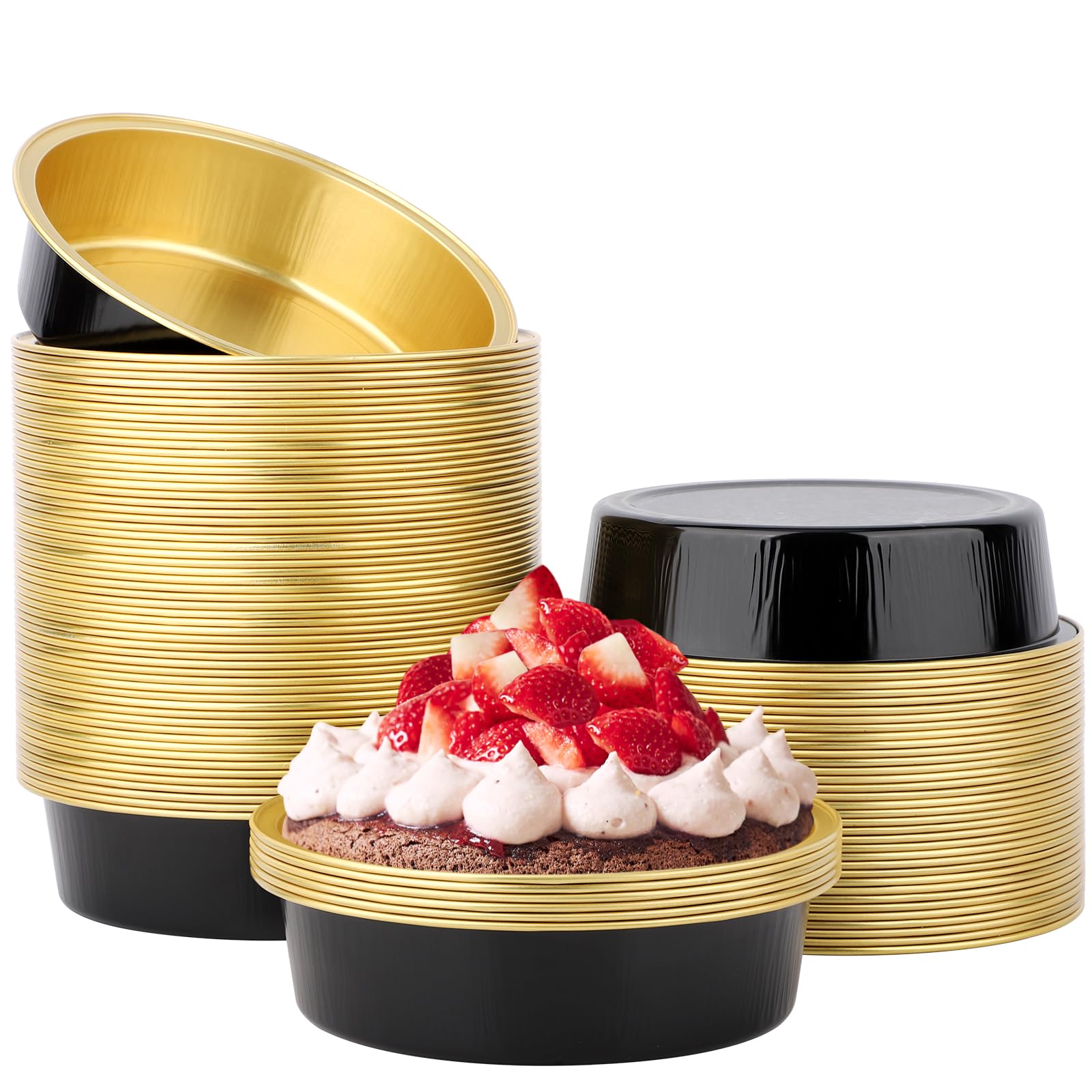 Beasea Lot de 100 ramequins jetables en aluminium de 10,2 cm, 215 ml, mini ramequins sans couvercles pour cupcakes – Tasses de cuisson en aluminium pour fête – Noir et doré