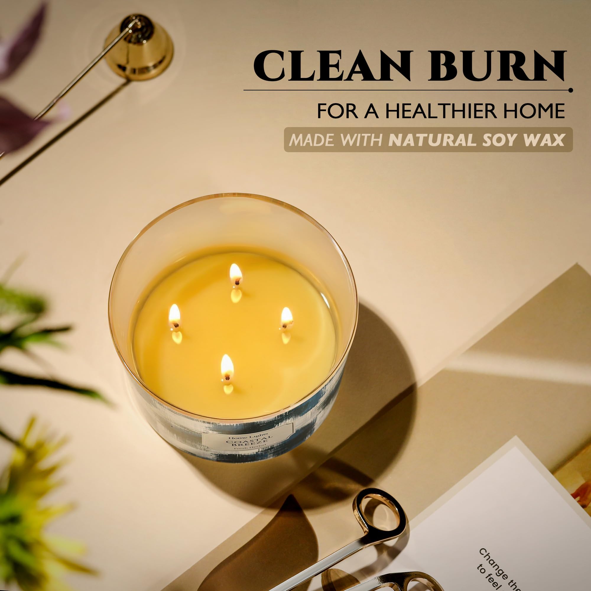 HomeLights Vela en frasco grande | Velas aromáticas de larga duración de 4 mechas, vela de cera de soja natural de 18oz con diseño minimalista escandinavo, Brisa Costera