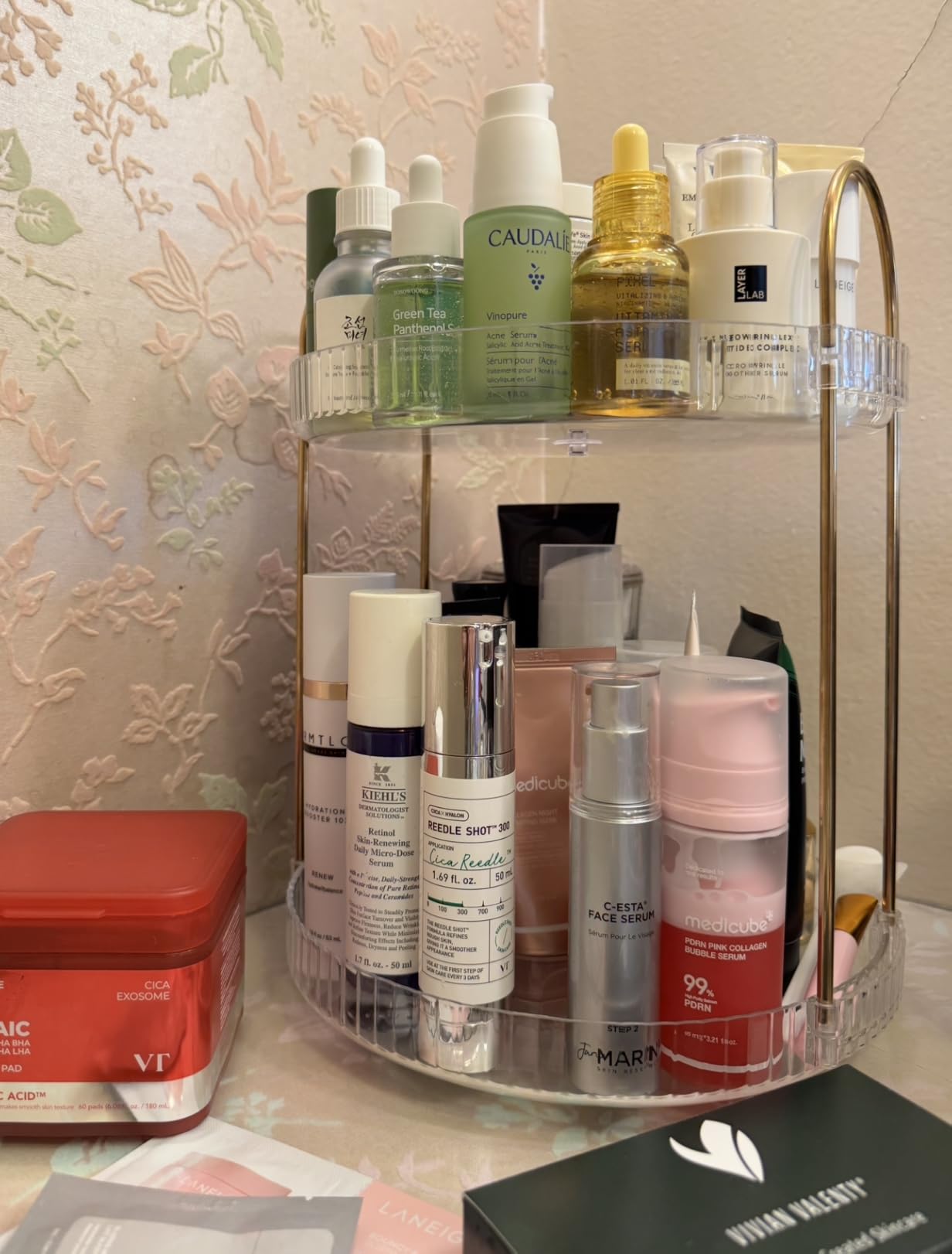 Anyoifax 360° Rotating Makeup Organizer 3 Tier Large Capacity Perfume Skincare Tray for Dresser Spinning Bathroom Counter Organizer for Vanity Lazy Susan Turntable Storage for Kitchen, Clear