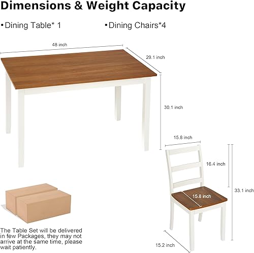 Miniatura 3 de Juego de mesa de madera maciza de 5 piezas, juego de mesa de comedor para 4, mesa de cocina rectangular estilo granja, juego de mesa de comedor
