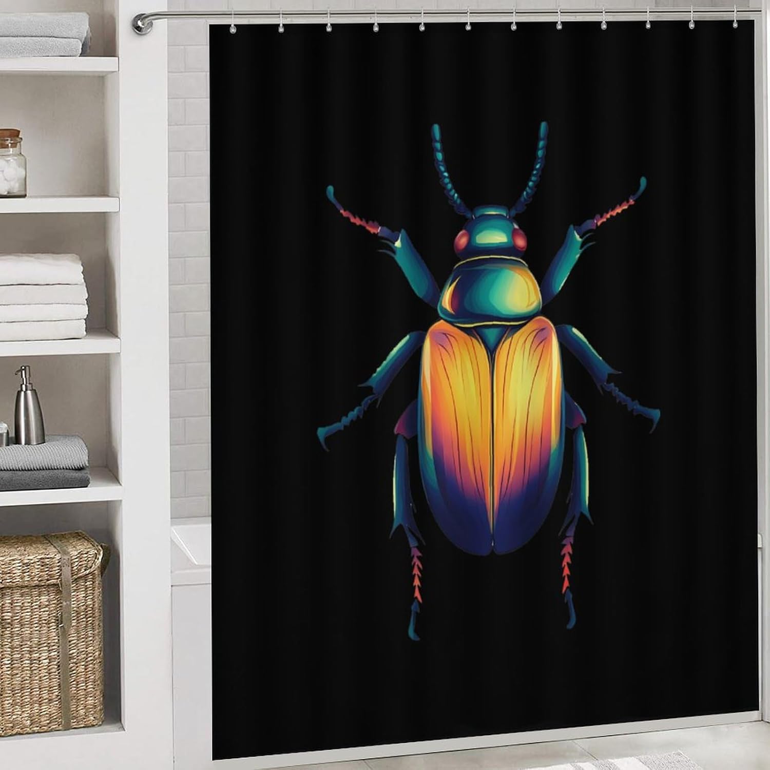 Beetles Modern Bathroom Sets with Shower Curtain and Rugs Decor 4 Pcs with 12 Hooks