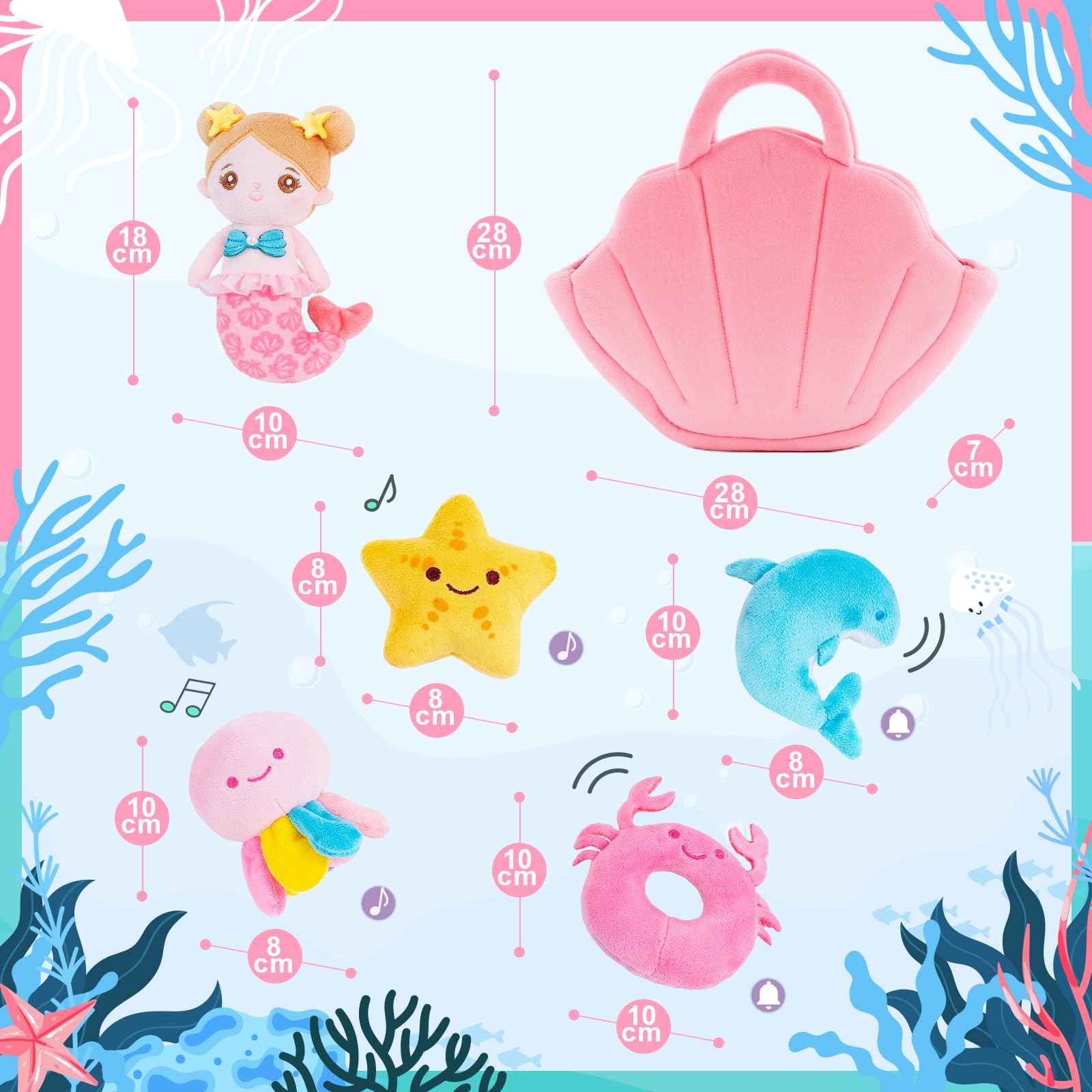 OUOZZZ Jouet en Peluche Sirène Océan, Jouet Sensoriel pour Bébé Fille de 1 à 3 Ans, 24 cm