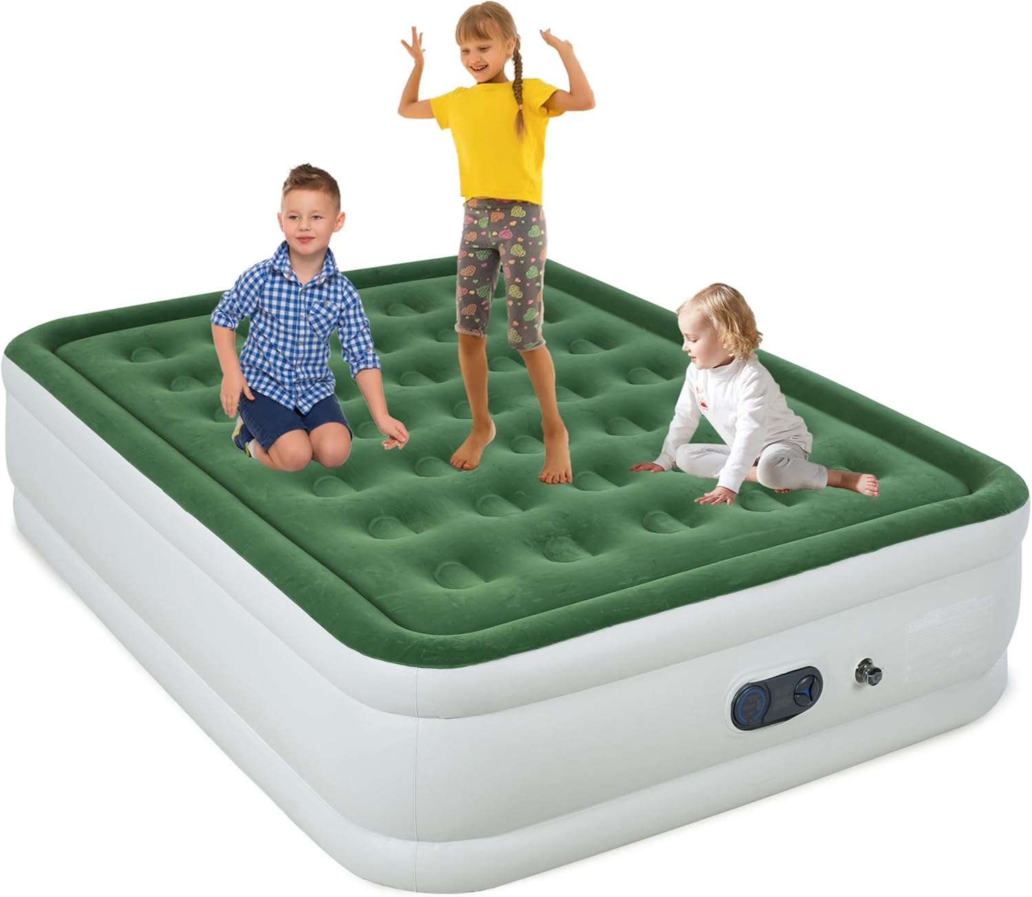 Queen Air Mattress with Built in Pump, Inflatable Mattress for Home, Blow up Air Bed 3 Min Quick Inflation and Deflation, Thin Velvet Top, 22'' Queen Size Green