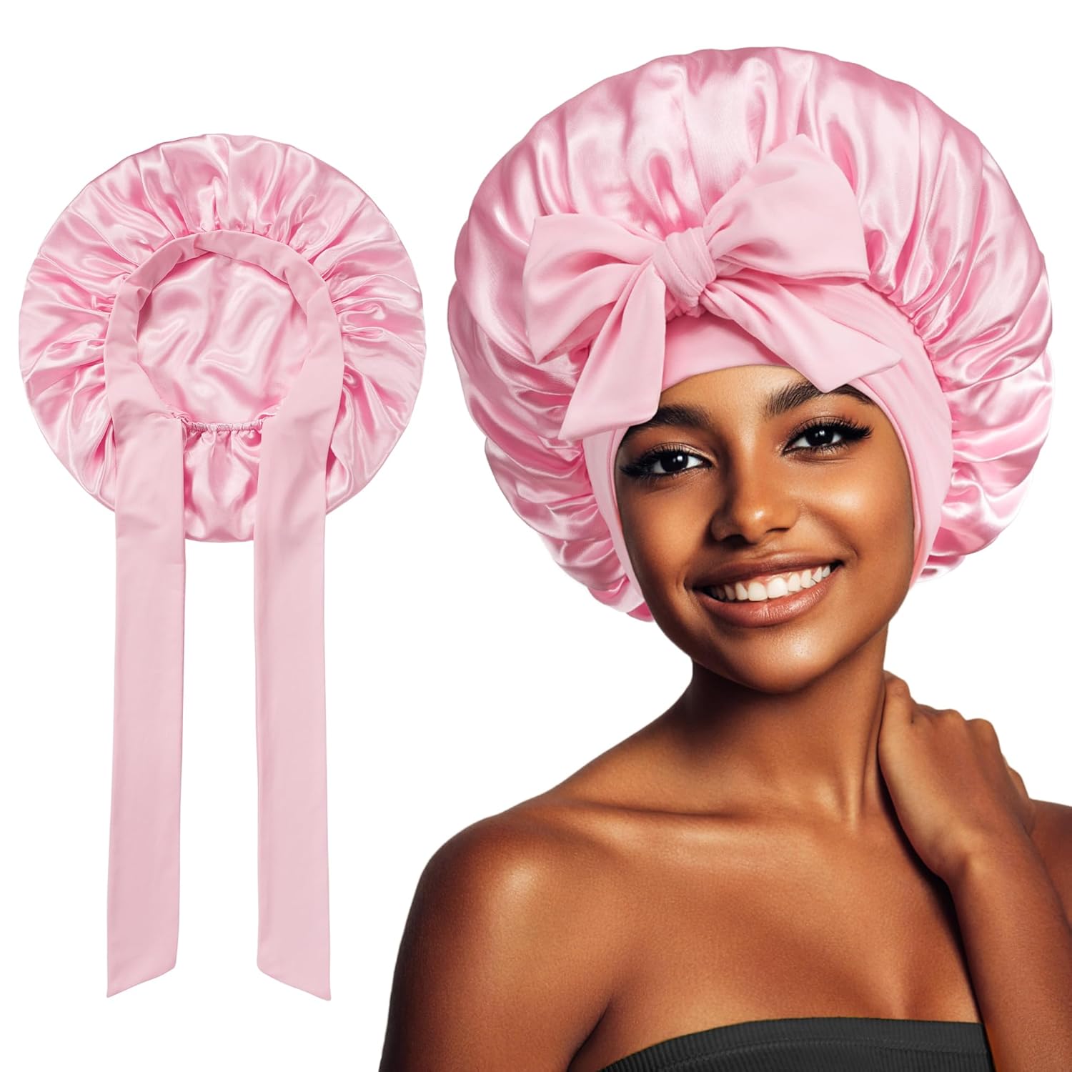 Satin Bonnet with Tie Band, Silk Hair Bonnet for Sleeping Women, Sleep Bonnets for Women, Silky Double Layer Sleep Cap for Curly Hair Braids