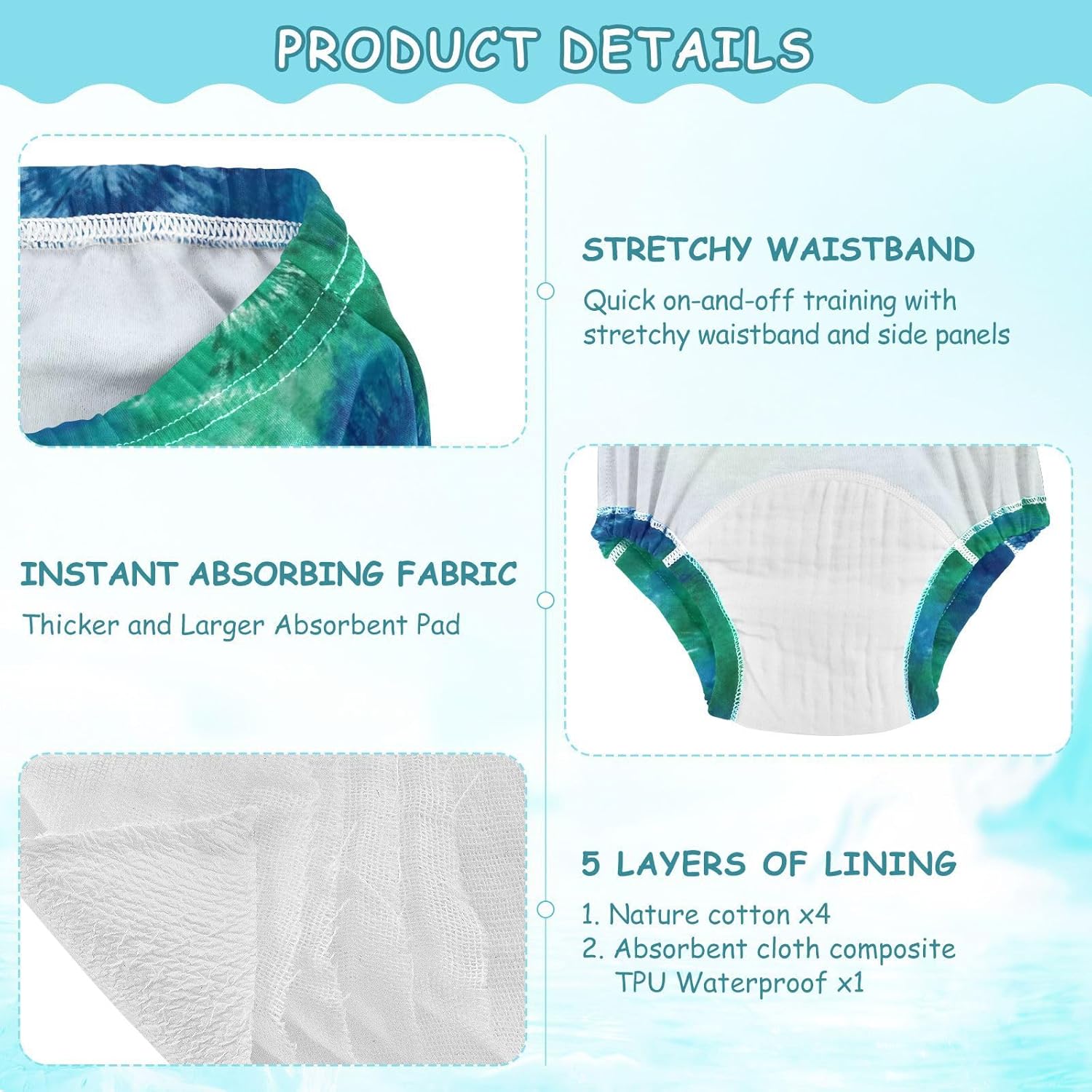 Little Boys Potty Training Panties Reusable Blue and Green Tie-dye Nighttime Potty Training Pants Underwear Briefs