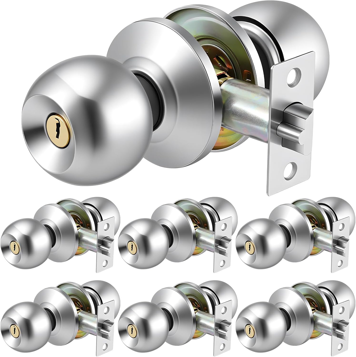 SHENLIU 6pcs Door Knob with Lock & Different Keys, 60/70mm Adjustable Ball Stainless Steel Entry Doors Lock Exterior Interior Door Handles for Bedrooms Bathroom Entrance and Front Doors